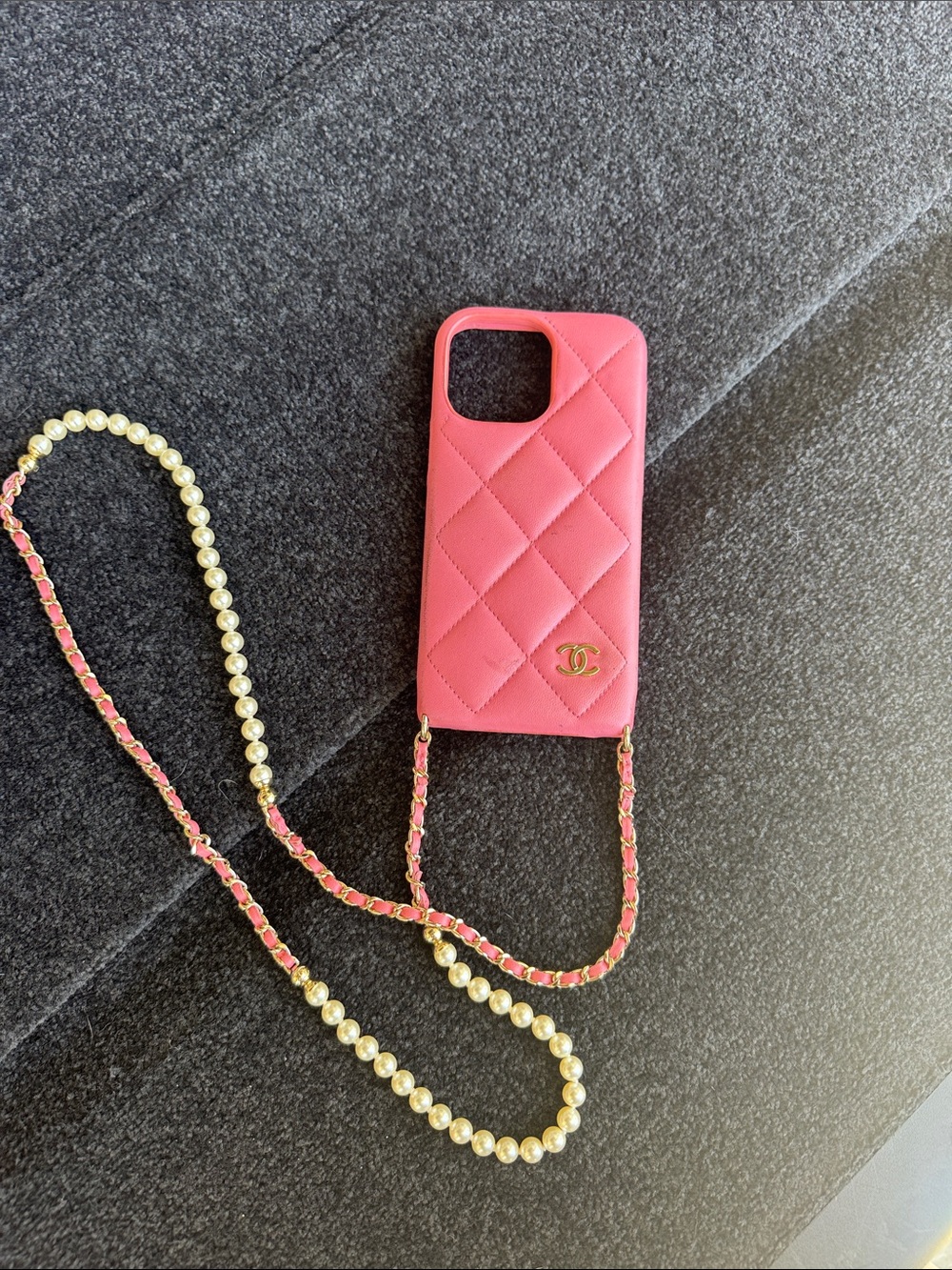 CHANEL Pink Quilted Leather Phone Crossbody Case with Pearl Chain Strap